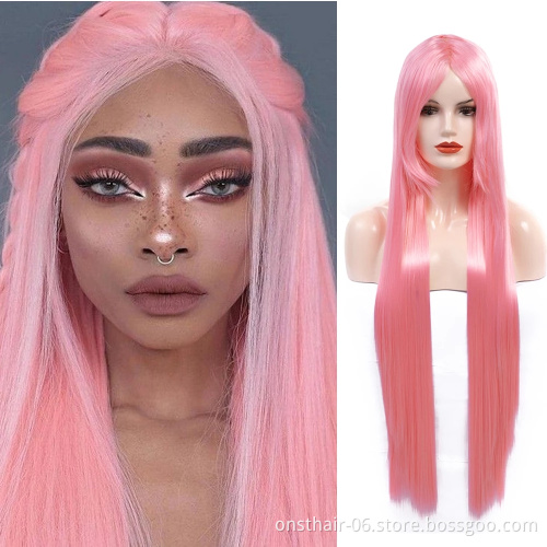 Onst Cosplay Synthetic Wig 38inches Long Straight High Temperature Fiber Hair Pink Blue Black Color None Lace Wigs Short